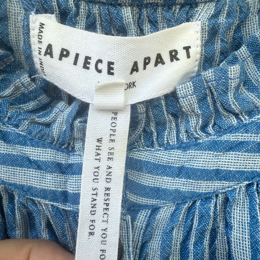 Apiece Apart Los Altos Top Blue Seersucker Stripe Puff Sleeve Henley - Picture 7 of 13